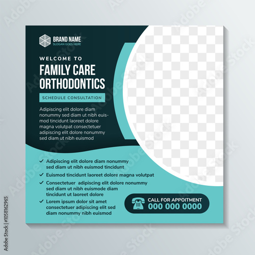 family care orthodontics services promotion square banner template collection. Usable for social media post, and web internet ads. space for photo isolated on green background. square layout design.