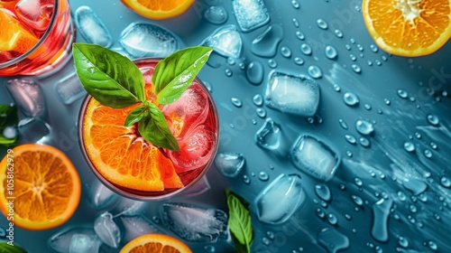 Refreshing Summer Sangria Cocktail with Orange Slice on Blue Background
