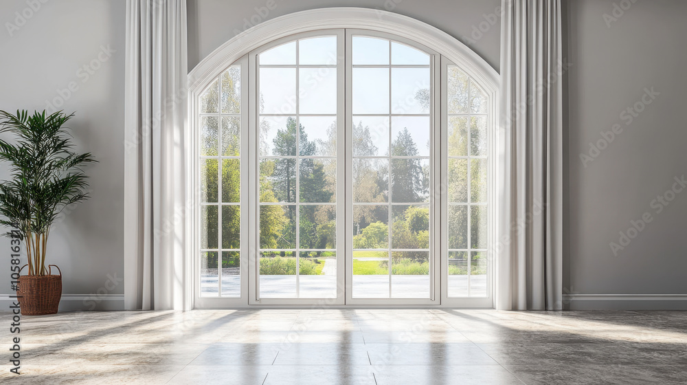 Fototapeta premium Bright and airy interior featuring large arched sliding glass door, surrounded by elegant curtains and potted plant, creating serene atmosphere