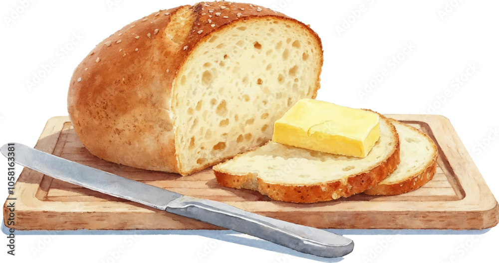 Rustic Bread Loaf with Butter on Wooden Board Watercolor illustration