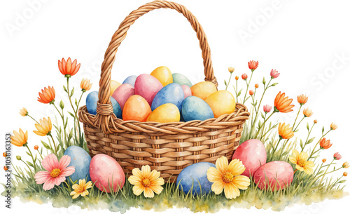 Easter Basket with Colorful Eggs and Flowers Watercolor illustration