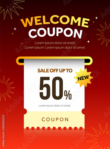 A Coupon is being printed from a slot with coupon code, percentage off, isolated on red background. 3d Discount voucher, special price off event banner template. 3d Vector illustration. Vector