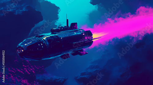 Wallpaper Mural Lo-Fi Submarine Exploring a Neon Underwater World: A Journey into the Abyss Torontodigital.ca