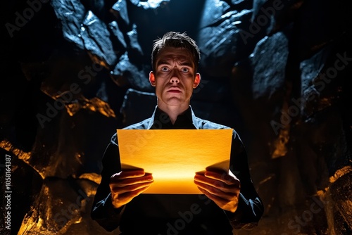 Dimly lit scene with a mysterious figure holding a subpoena in a dark, shadowy room, capturing the weight and solemnity of a gothic legal document, symbolizing depth and formality photo