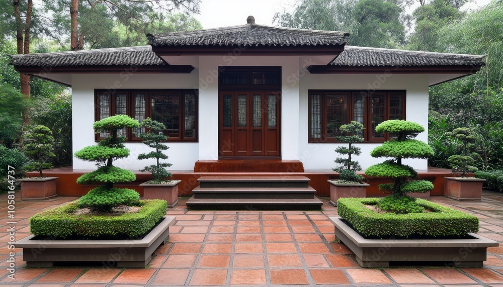 Traditional Asian style house with a tiled patio, potted trees, and a wooden door. Traditional Asian style house with a tiled patio, potted trees, and a wooden door.