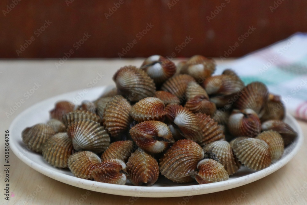 Sweet seafood blood clams served on a plate top view