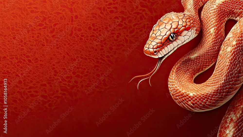 A coiled snake on a uniform red tone. The place for the inscription is on the left. An illustration for the New Year 2025. A coiled snake on a uniform red tone. The place for the inscription is on the left. An illustration for the New Year 2025.