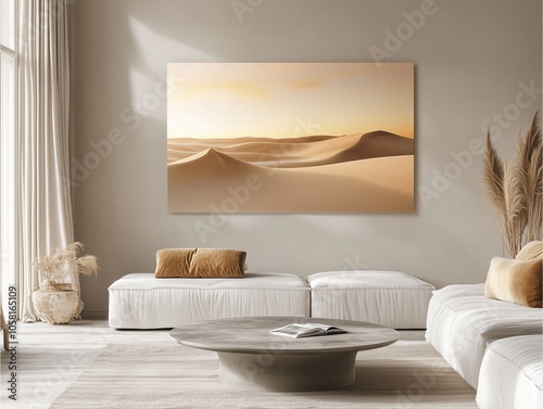 Abstract sand dunes in warm earth tones under a gentle sunset sky, with minimalistic, flowing shapes that evoke calmness. photo