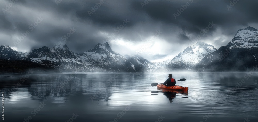Fototapeta premium Kayaker exploring calm waters with dramatic mountains in the background.