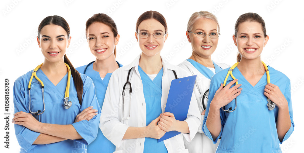 Different healthcare workers in uniforms on white background Different healthcare workers in uniforms on white background