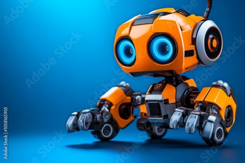 Futuristic design of a small robot with wide, innocent eyes, capturing the blend of innocence and technology in a digital world, symbolizing curiosity and modernity