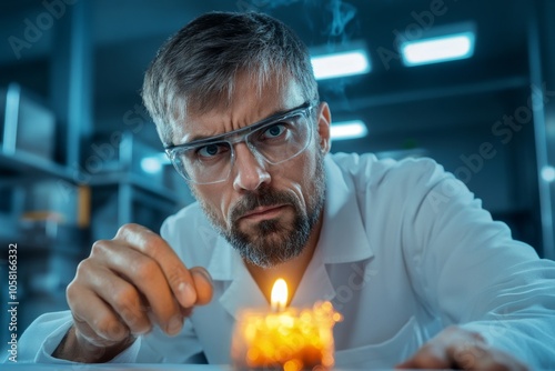 Gothic-inspired forensic scientist examining clues by candlelight, with dark shadows and intense focus capturing the eerie and methodical atmosphere, symbolizing mystery and depth photo