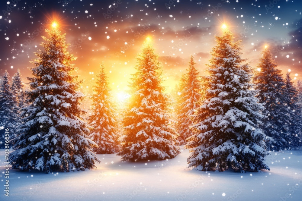 Snowy pine trees illuminated by glowing holiday lights capturing the festive spirit and warmth of a winter wonderland Snowy pine trees illuminated by glowing holiday lights capturing the festive spirit and warmth of a winter wonderland