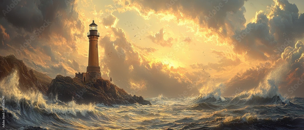 Lighthouse on rocky shore during sunset with vibrant clouds and ocean waves. Lighthouse on rocky shore during sunset with vibrant clouds and ocean waves.