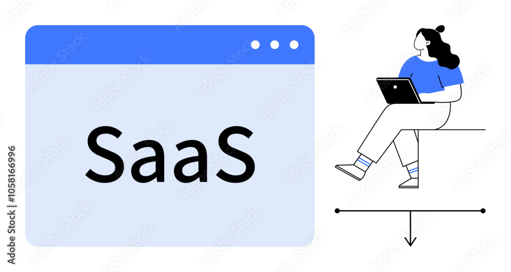 Woman with laptop sitting beside an open browser window labeled SaaS download arrow beneath. Ideal for SaaS, cloud computing, online services, remote work, tech industry, digital business, modern Woman with laptop sitting beside an open browser window labeled SaaS download arrow beneath. Ideal for SaaS, cloud computing, online services, remote work, tech industry, digital business, modern