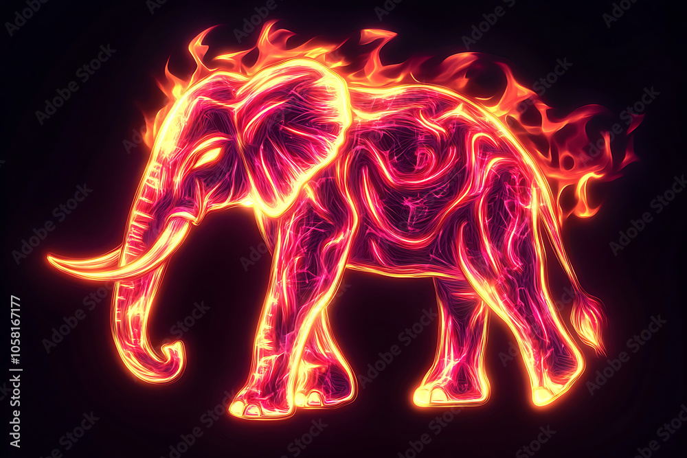 Fototapeta premium neon burning elephant illustration, black background, cartoon style