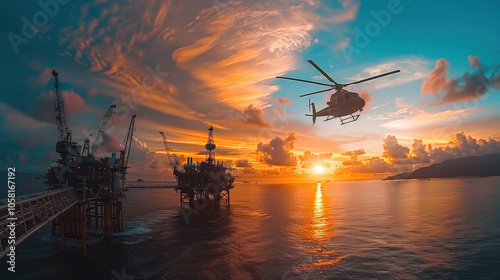 helicopter is landing on oil rig platform during stunning sunset, with vibrant colors reflecting on water. scene captures dynamic energy of offshore operations photo