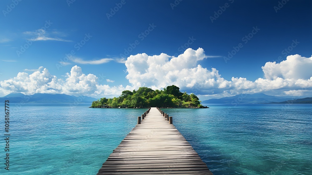 Naklejka premium Beautiful tropical landscape background, concept for summer travel and vacation. Wooden pier to an island in ocean against blue sky with white clouds, panoramic view. 