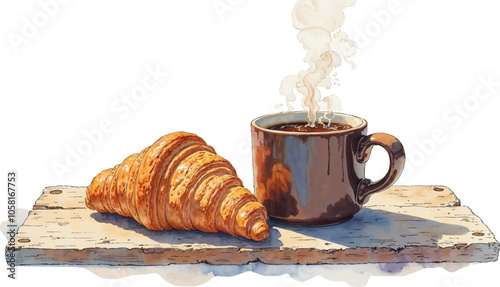 Watercolor illustration of a Cup of Coffee and Croissant on Table