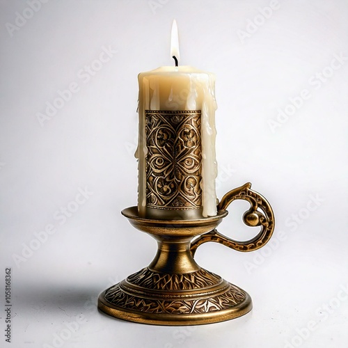 burning old candle antique silver bronze candle holder. Isolated white Background.