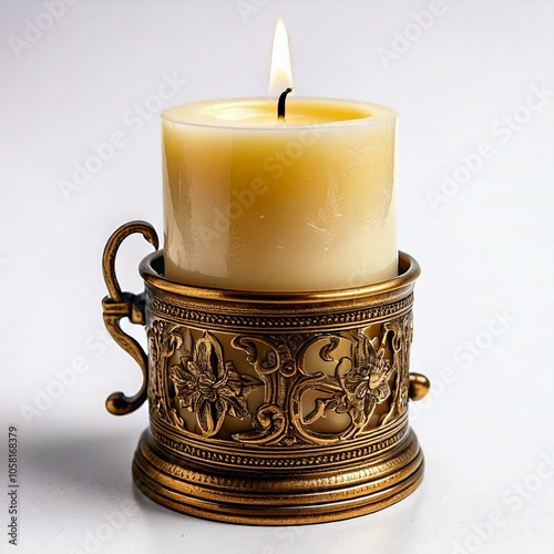 burning old candle antique silver bronze candle holder. Isolated white Background.