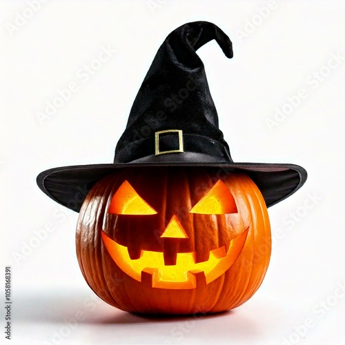 halloween pumpkin wearing a witch hat photo