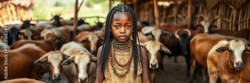 African girl with braided hair standing confidently in front of traditional kraal with small livestock, expressing pride and connection to her heritage, braided hair, kraal, confident