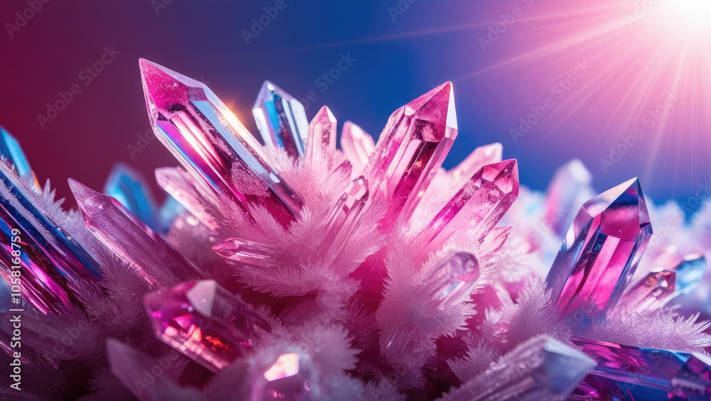 Colorful, luminous crystal cluster on a bright background, showcasing unique formations. Colorful, luminous crystal cluster on a bright background, showcasing unique formations.