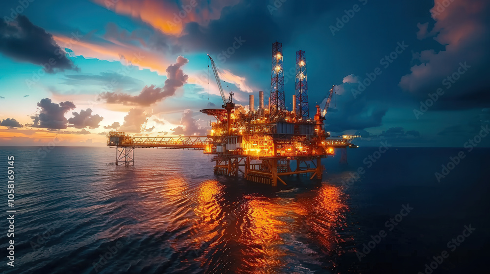 Offshore oil rig at night, brightly lit against stunning sunset over ocean, creating dramatic and vibrant scene. reflection on water adds to beauty of this industrial marvel Offshore oil rig at night, brightly lit against stunning sunset over ocean, creating dramatic and vibrant scene. reflection on water adds to beauty of this industrial marvel