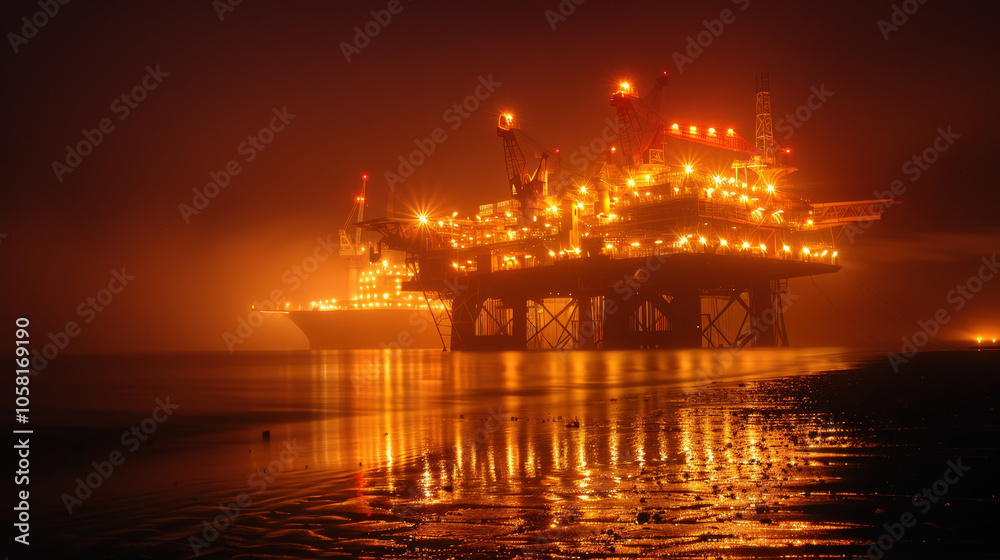 Offshore oil rig at night, brightly lit against foggy backdrop, reflecting on waters surface, creating mesmerizing and industrial scene Offshore oil rig at night, brightly lit against foggy backdrop, reflecting on waters surface, creating mesmerizing and industrial scene