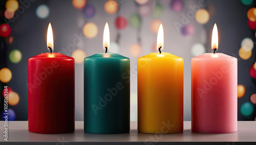 Four colorful candles with flames against a blurred background of festive lights.