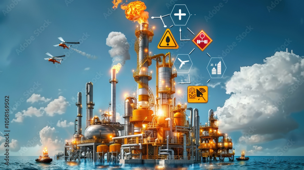 Obraz premium oil refinery plant with advanced safety signs and warning symbols, showcasing industrial operations and technology. scene is vibrant and emphasizes safety measures in dynamic environment
