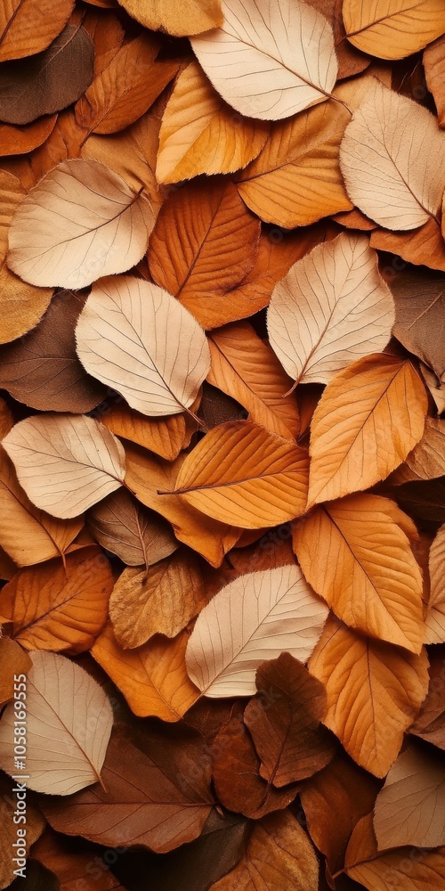 This stunning image showcases a vibrant assembly of various autumn leaves, ranging from rich amber to soft beige hues, creating a warm visual tapestry of nature's beauty.