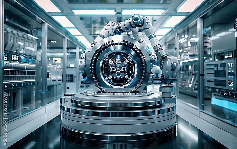 A futuristic robotic apparatus in a sleek, high-tech laboratory, showcasing advanced technology and precision engineering. A futuristic robotic apparatus in a sleek, high-tech laboratory, showcasing advanced technology and precision engineering.