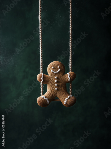 A gingerbread man swinging on a swing against a unique dark green background.