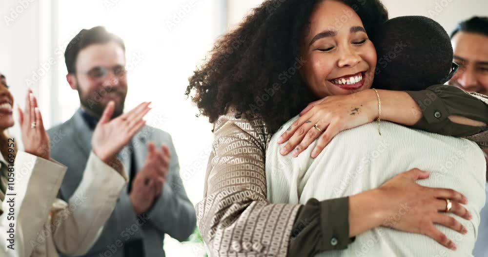 Teamwork, hug and success with business people in office for promotion, support or congratulations. Creative director, meeting and applause with employee for community, celebration and project Teamwork, hug and success with business people in office for promotion, support or congratulations. Creative director, meeting and applause with employee for community, celebration and project