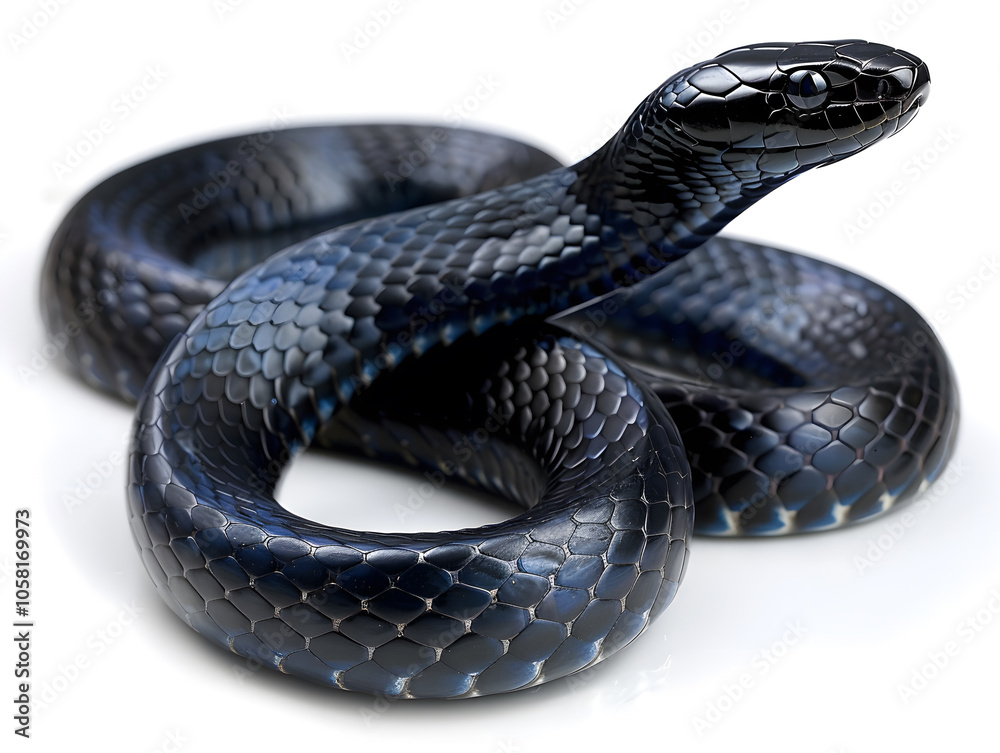 Fototapeta premium shiny black eastern indigo Drymarchon couperi snake coiled on white background