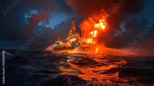 dramatic oil rig is seen burning off gas, with flames illuminating dark sky and turbulent ocean waves. scene captures intensity of industrial activity at sea photo