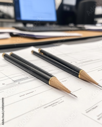 Two elegant pencils resting on technical drawings in an office setting.