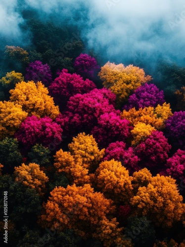 A vibrant aerial view of a colorful forest featuring autumn hues of pink, orange, and yellow, enveloped in gentle mist, creating a magical and serene atmosphere.