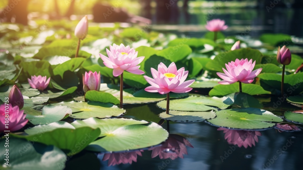 Blooming pink lotus flower with lush green leaves floating on a tranquil pond, vibrant aquatic scene showcasing nature's serenity and floral elegance
Blooming pink lotus flower with lush green leaves floating on a tranquil pond, vibrant aquatic scene showcasing nature's serenity and floral elegance