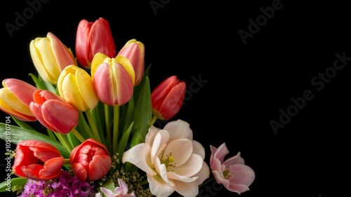 Bouquet of red tulips on black background for Valentine's, Women's or Mother's Day, nature, bouquet, holiday