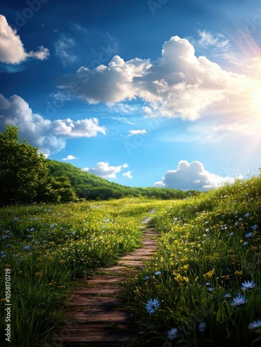 A serene, sunlit pathway winds through a vibrant field of wildflowers, inviting exploration under a captivating blue sky adorned with fluffy clouds. photo