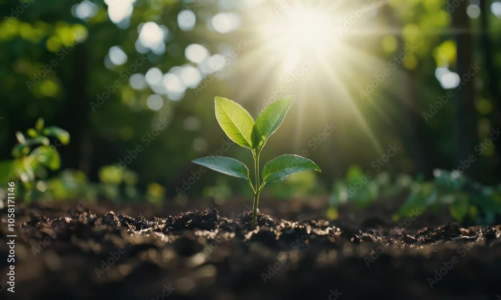 Young Green Plant Growing in Soil with Sunlight in a Lush Forest Environment Young Green Plant Growing in Soil with Sunlight in a Lush Forest Environment