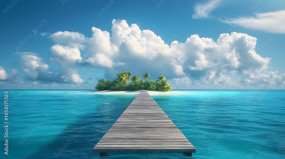 Naklejka premium Beautiful tropical landscape background, concept for summer travel and vacation. Wooden pier to an island in ocean against blue sky with white clouds, panoramic view. 