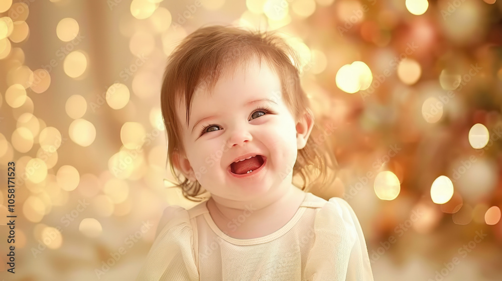Smiling baby showing tiny teeth while laughing, surrounded by warm lights, radiating joy and happiness Smiling baby showing tiny teeth while laughing, surrounded by warm lights, radiating joy and happiness