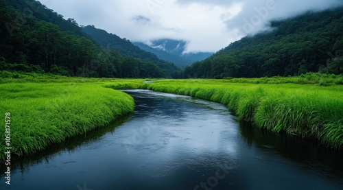 A serene river flows through lush green grasslands, surrounded by dense forests and misty mountains, creating a tranquil landscape that invites reflection and appreciation of nature's beauty.