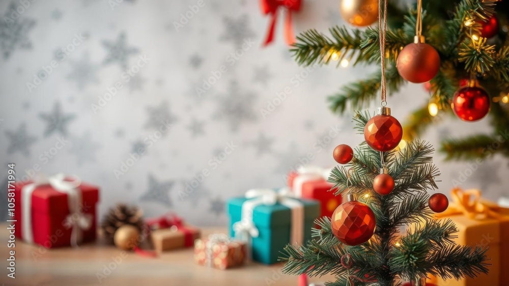 Christmas background with a festive gift box and decorative Christmas tree toys, tree, Christmas, decoration Christmas background with a festive gift box and decorative Christmas tree toys, tree, Christmas, decoration