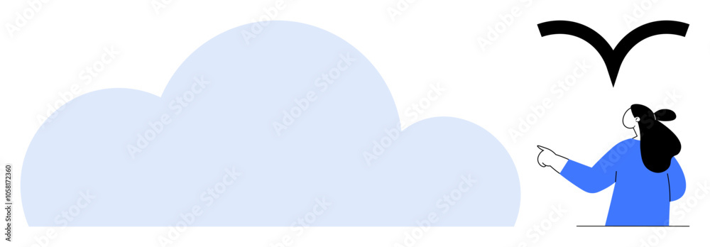 Person in blue pointing at a bird flying above a large blue cloud. Ideal for nature, weather, cloud computing, outdoor activities, and environmental awareness. Minimalist, modern, flat