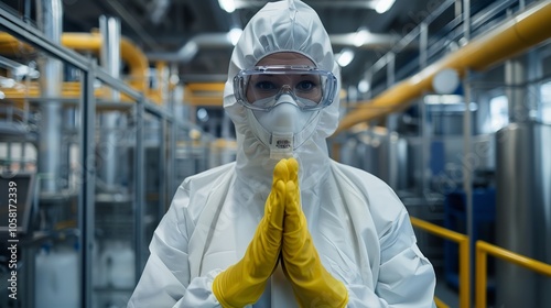 A pharmaceutical factory employee wearing a protective hazmat suit. Generative Ai